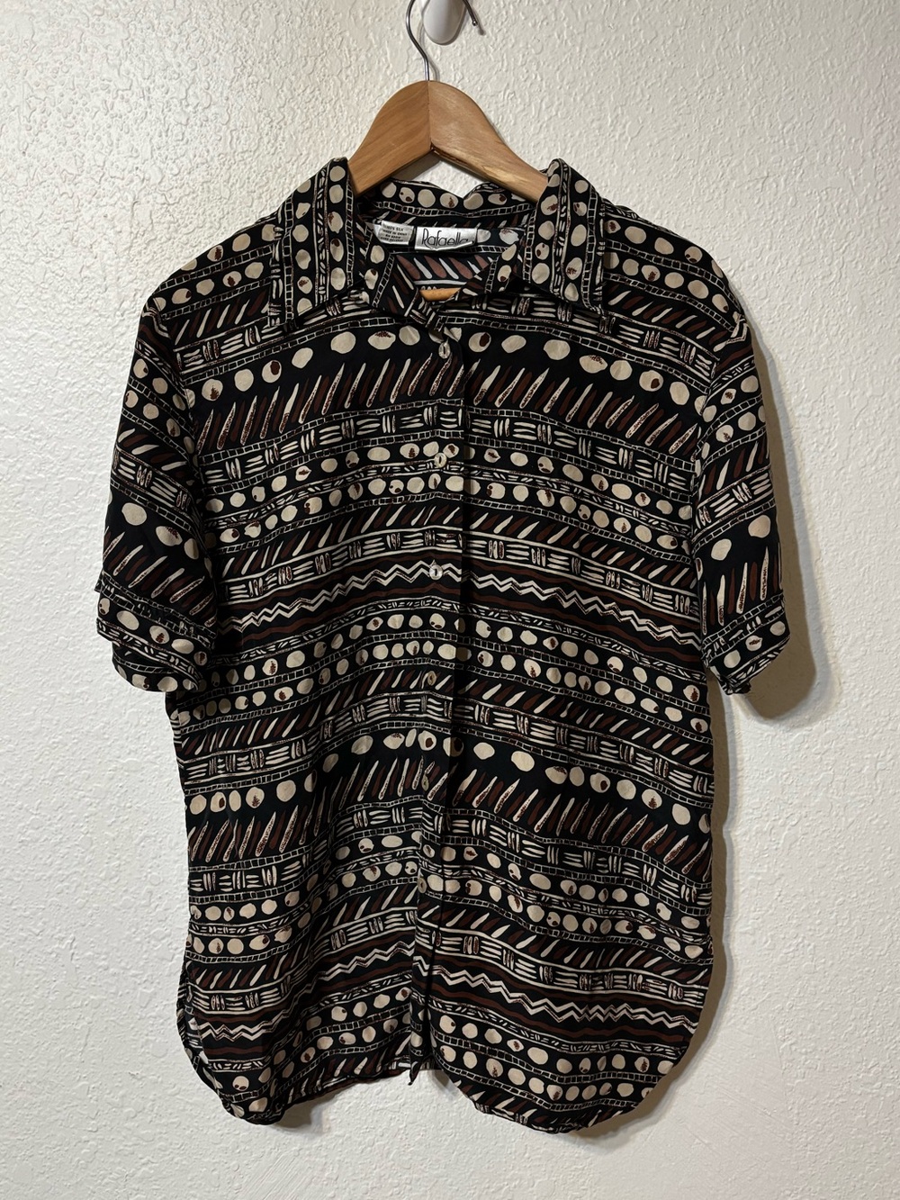 Vintage 90s Rafaella 100% Silk Geometric Abstract Print Button Up Shirt Medium